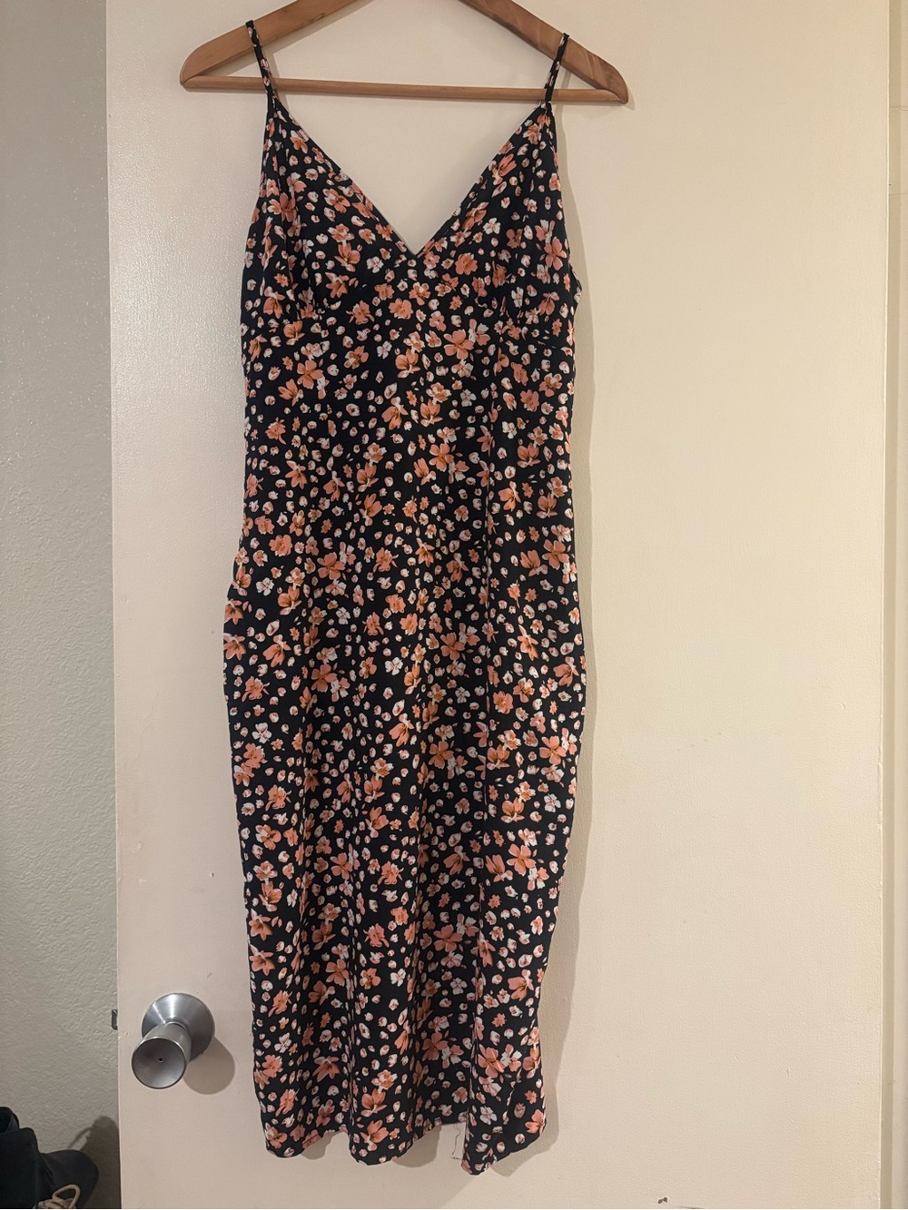Floral Black Slip Dress with Peach Blossoms